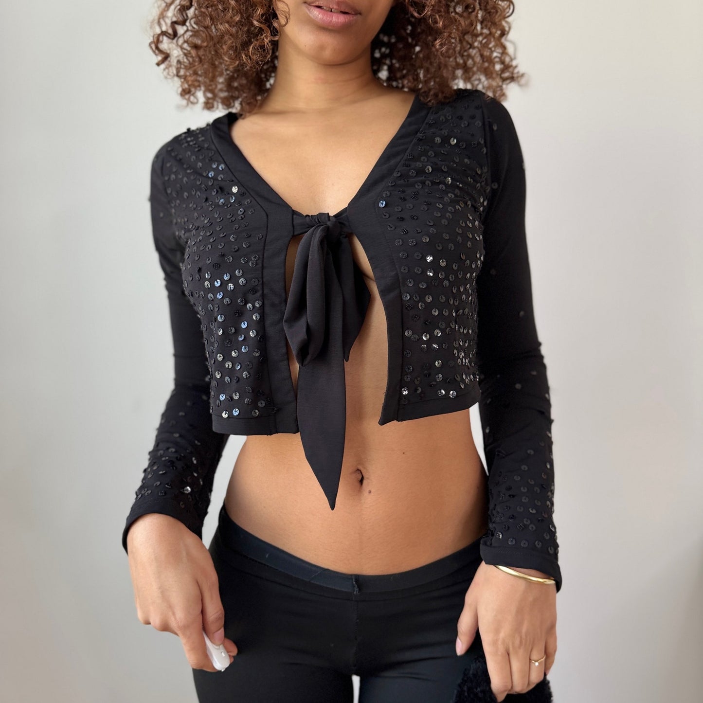 Vintage Black Sequin Tie Front Cardigan Sheer Mesh Y2K Euro Top (S)