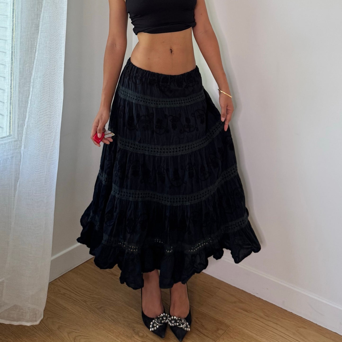 Vintage Black Cotton Maxi Skirt Tonal Embroidery Tiered Boho Y2K (XS/S)
