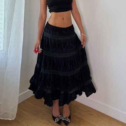 Vintage Black Cotton Maxi Skirt Tonal Embroidery Tiered Boho Y2K (XS/S)