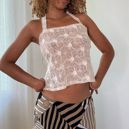 Vintage White Floral Lace Halter Top Deadstock Italian Y2K (S)
