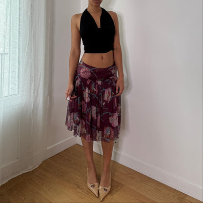 Vintage Burgundy Floral Silk Mesh Mini Skirt Sisley Italian Y2K Skirt (S) ⠀