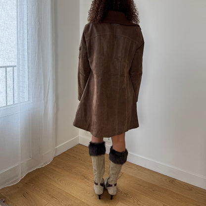 Vintage Brown Genuine Leather Coat Button Front Tailored 90s (S)