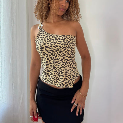 Vintage Beige Brown Leopard Print One Shoulder Top Euro Y2K (S/M)