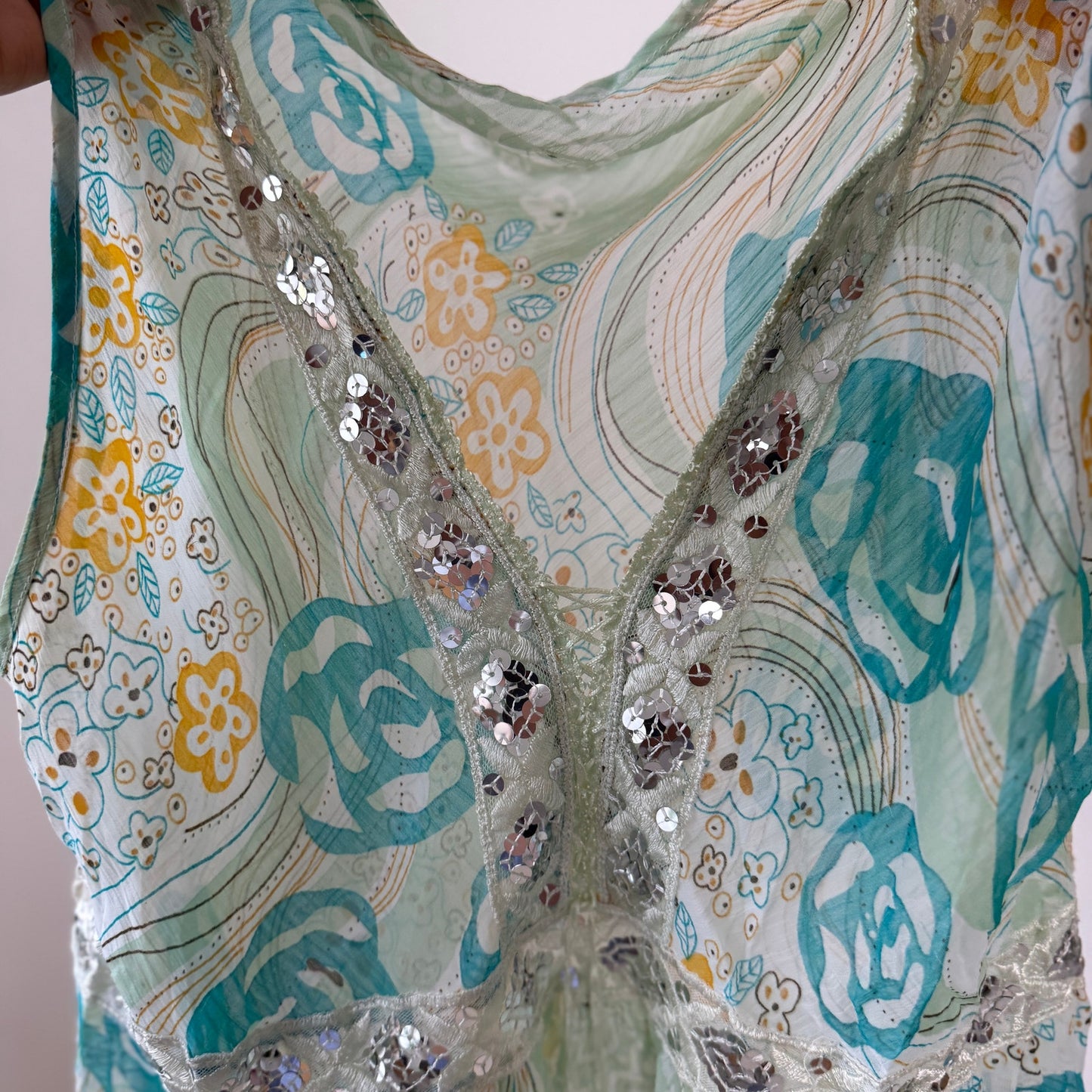 Vintage Blue & Green Floral Mesh Tie Front Top Sequin Lace Italian Y2K (S/M)