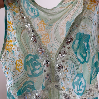 Vintage Blue & Green Floral Mesh Tie Front Top Sequin Lace Italian Y2K (S/M)