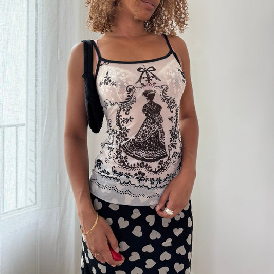 Vintage Black & White Toile Mesh Cami Top Sheer Italian Y2K (S)