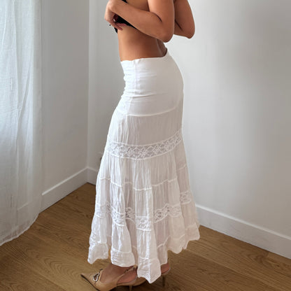 Vintage White Crinkle Tiered Maxi Skirt Lace Trim Y2K Italian (S)