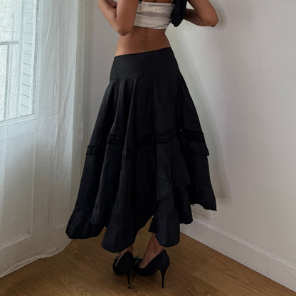 Vintage Black Tiered Midi Skirt Beaded Velvet Trim Italian Y2K (S)