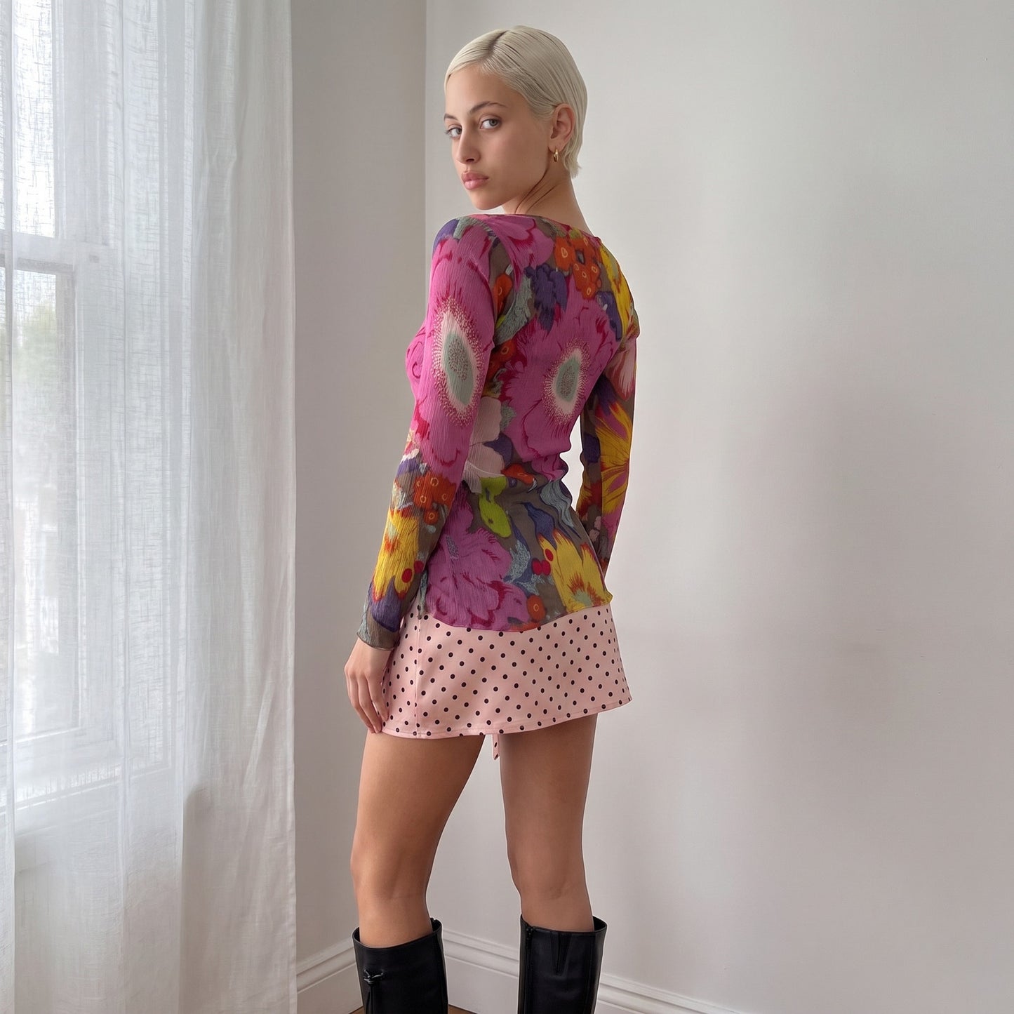 Vintage Pink & Yellow Silk Floral Beaded Mesh Top Boho Y2K (S/M)