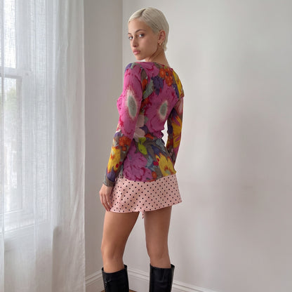 Vintage Pink & Yellow Silk Floral Beaded Mesh Top Boho Y2K (S/M)