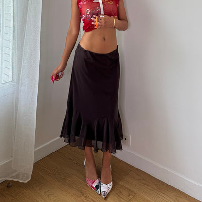 Vintage Brown Mesh Ruffle Midi Skirt Euro Y2K (S)