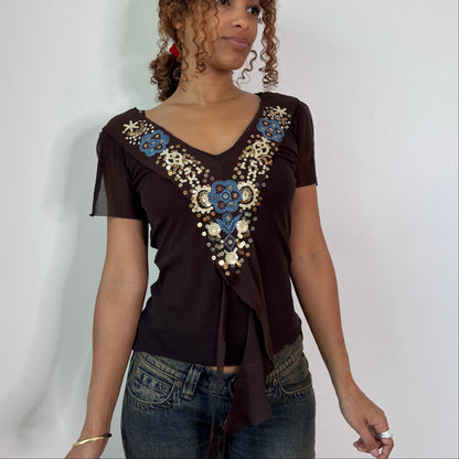 Vintage Annarita N Brown Sequin Embroidered Open Back Top Italian Y2K (S)