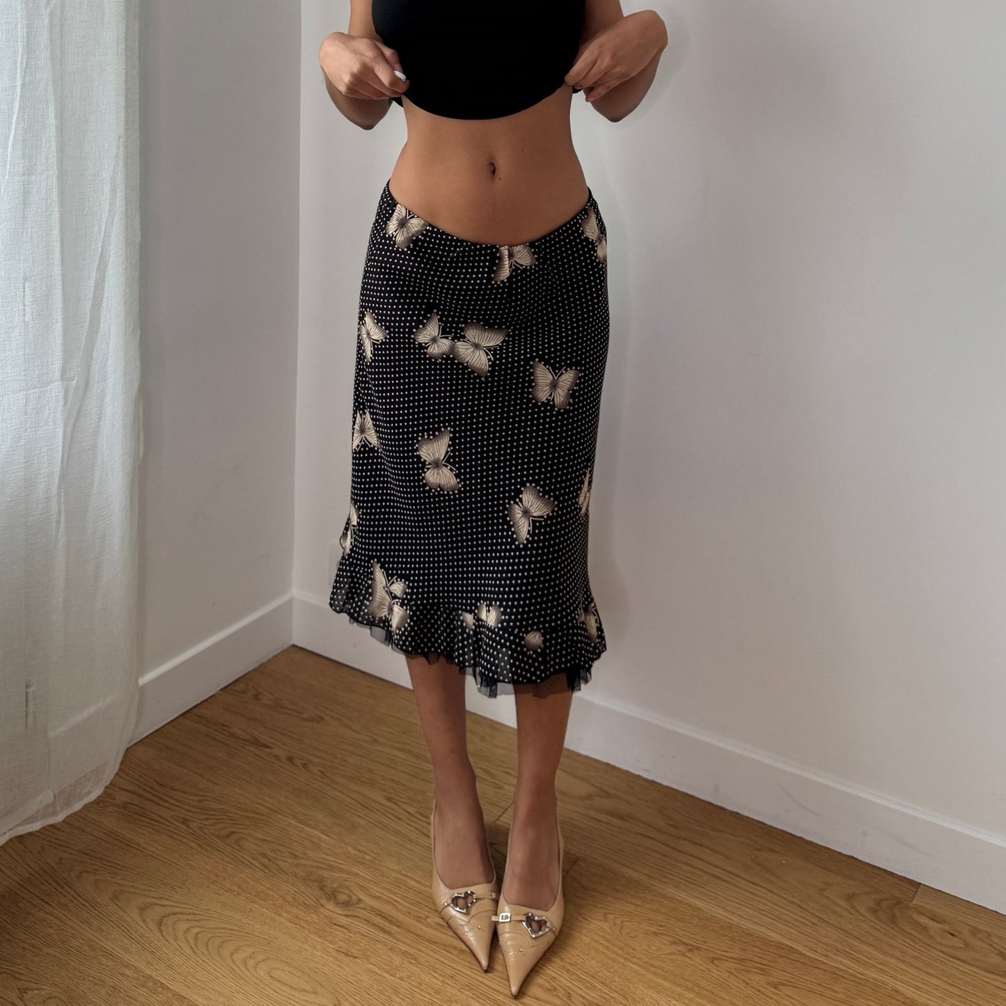 Vintage Brown Polka Dot Butterfly Mesh Midi Skirt Sheer Ruffle Hem Italy Y2K (S)