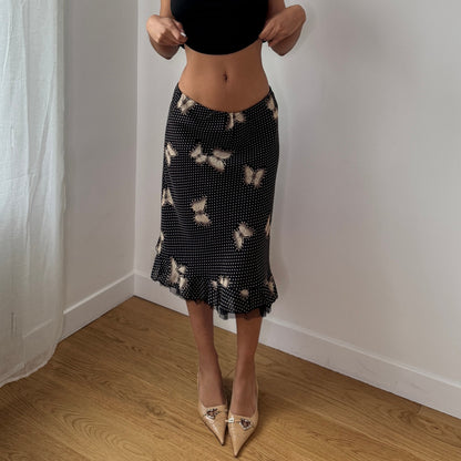 Vintage Brown Polka Dot Butterfly Mesh Midi Skirt Sheer Ruffle Hem Italy Y2K (S)