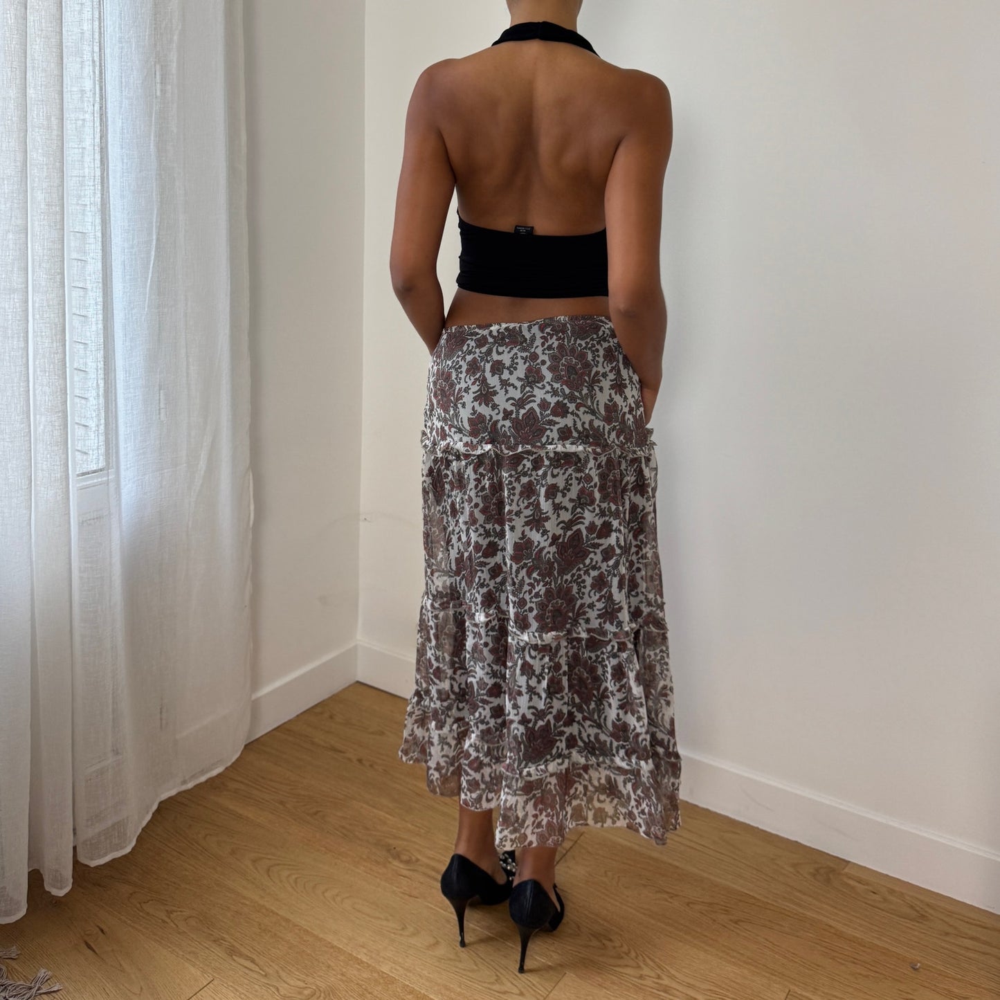 Vintage Italian Floral Sheer-Overlay Ruffle Midi Skirt (Small)