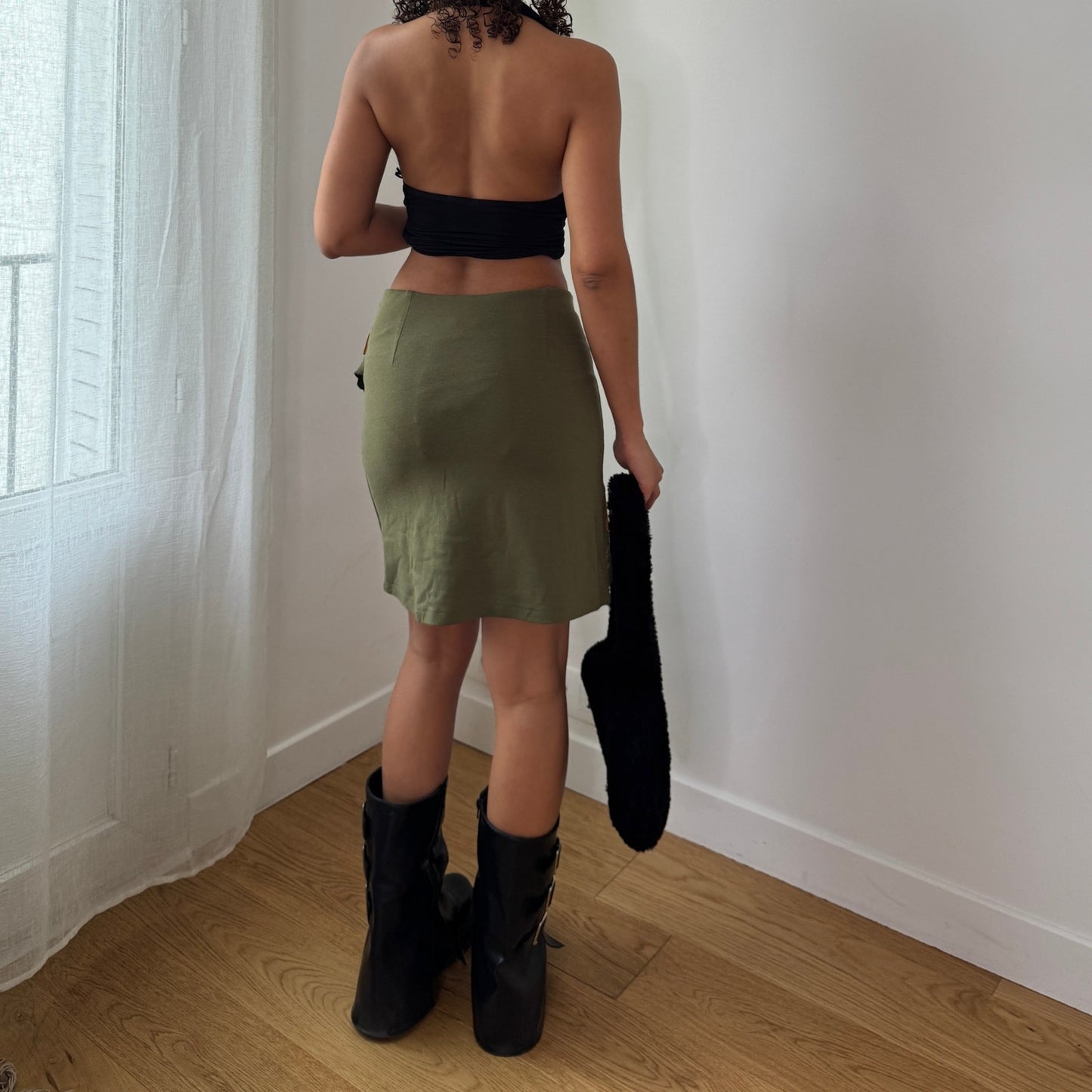 Vintage Olive Green Slinky Floral Ruffle Mini Skirt Spanish Vintage (S) ⠀