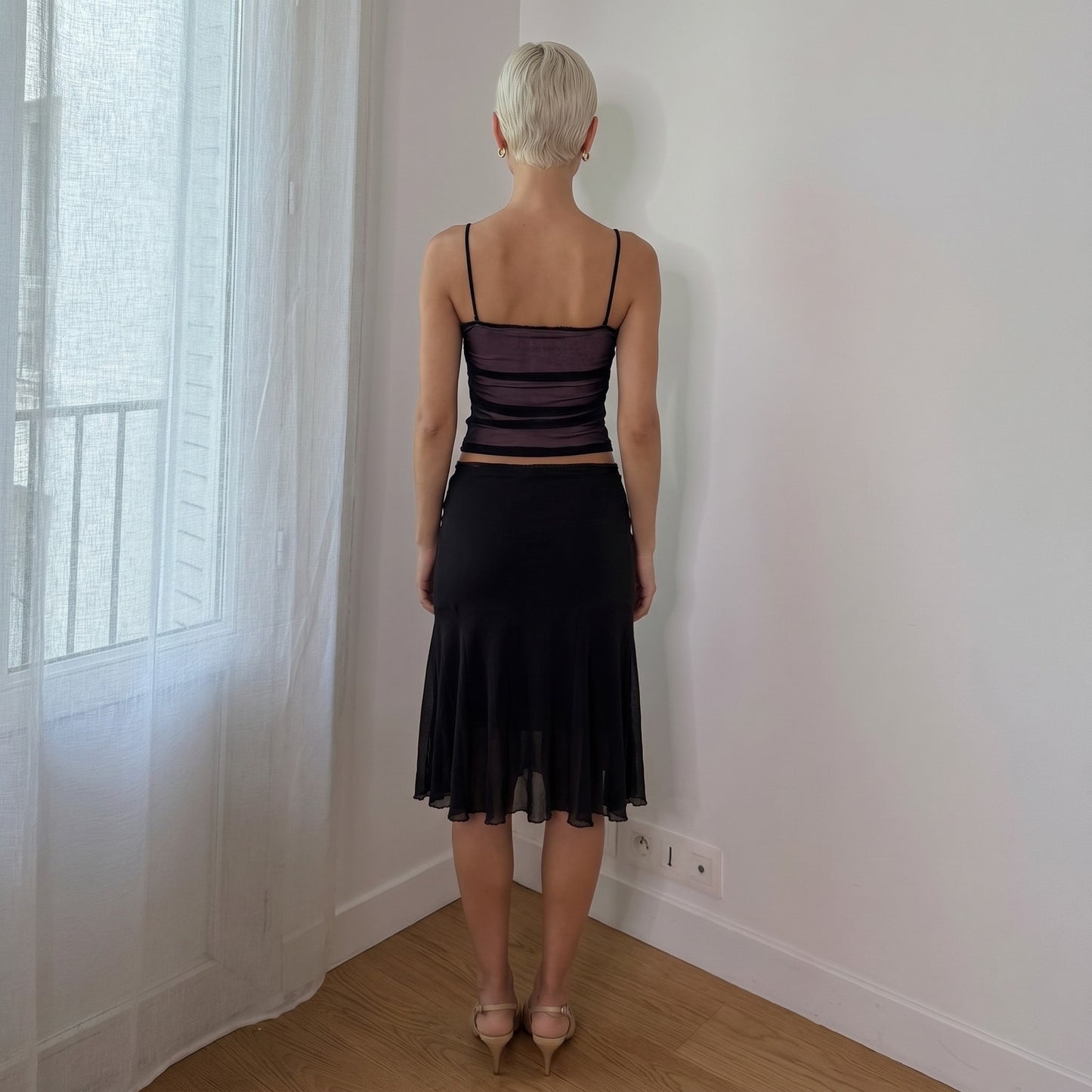 Vintage Italian Pink Black Ruched Mesh Cami Top Y2K (S)