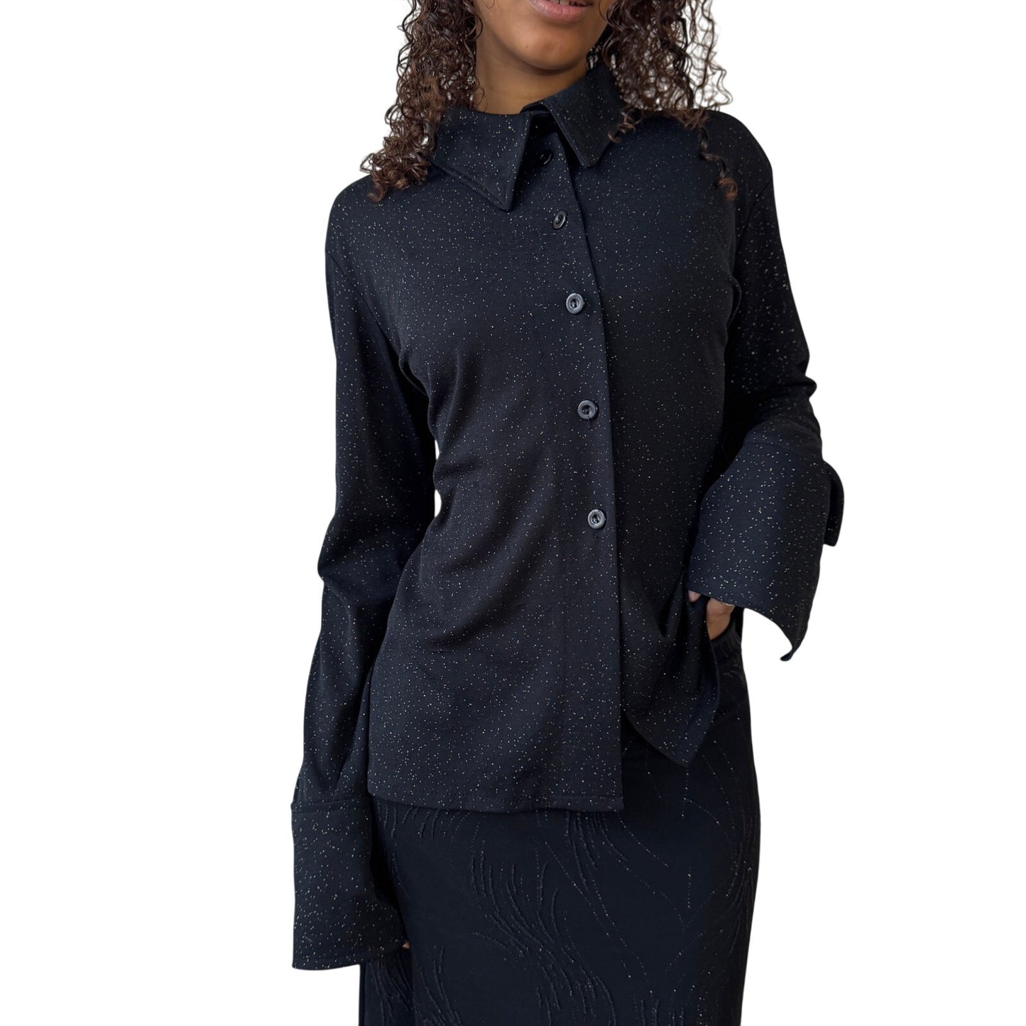 Vintage euro Y2K black slinky mesh shimmer button up top (M)