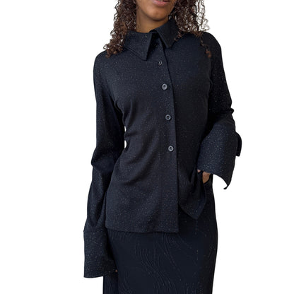 Vintage euro Y2K black slinky mesh shimmer button up top (M)
