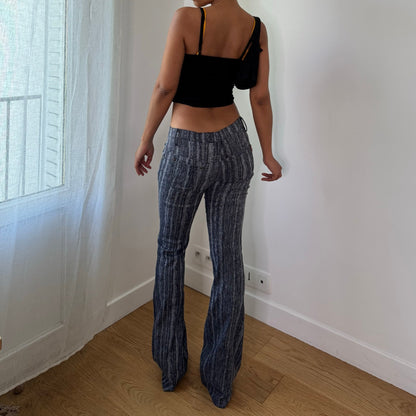 Vintage Grey Black Abstract / Striped Print Flare Pants Y2K Cotton (XS/S)
