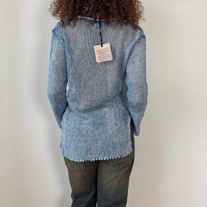 Vintage Italian 00s Blue Linen Knit Long Sleeve Top (Medium)