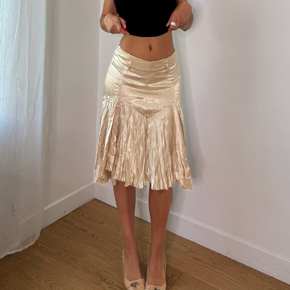 Vintage Champagne Cream Satin Pleated Midi Skirt Italian Y2K (XS/S)