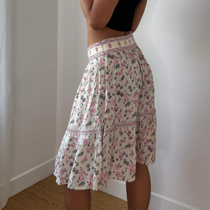 Vintage Cream Floral Silk Tiered Skirt Embroidered Beaded Waistband Y2K (XS/S)