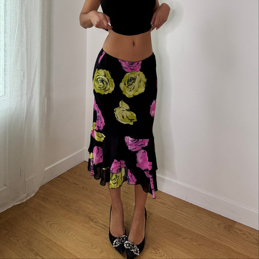 Vintage Black Rose Mesh Midi Skirt Italian Y2K Asymmetrical Floral Skirt (S) ⠀