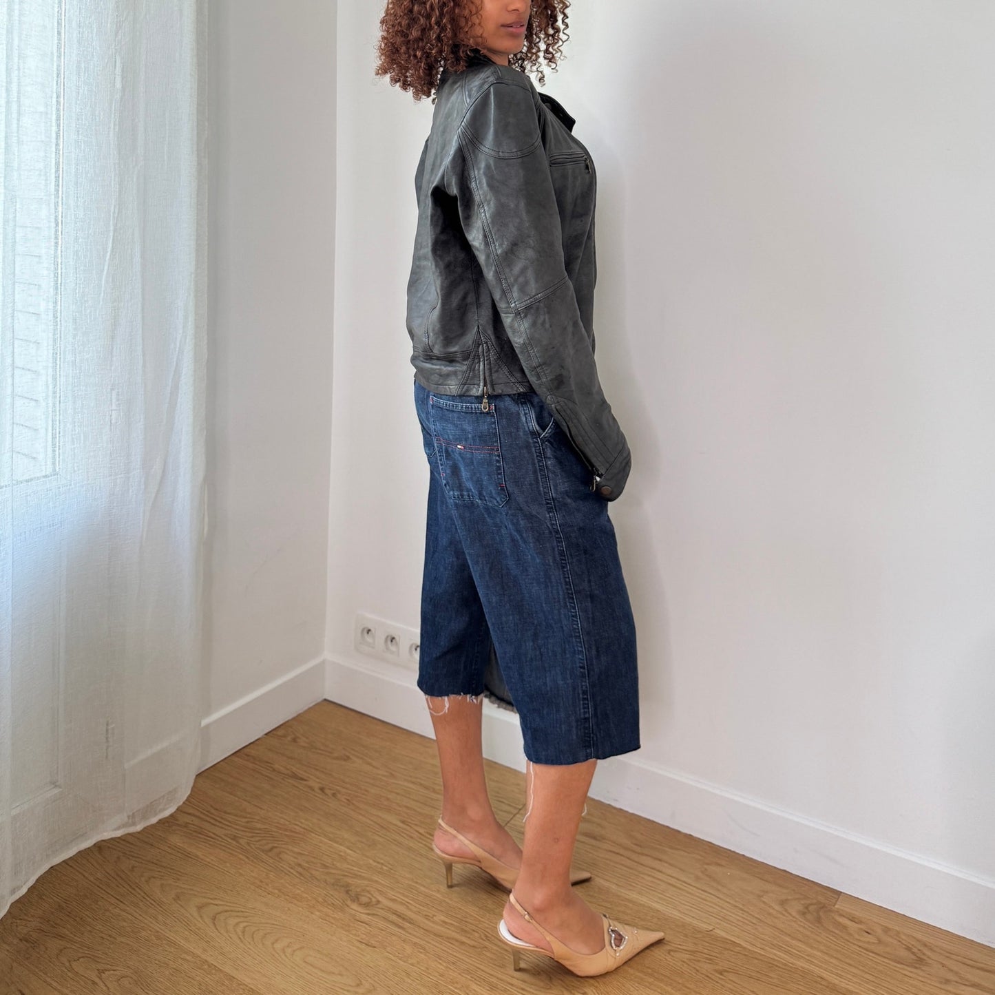 Vintage Grey Leather Moto Jacket (S/M)