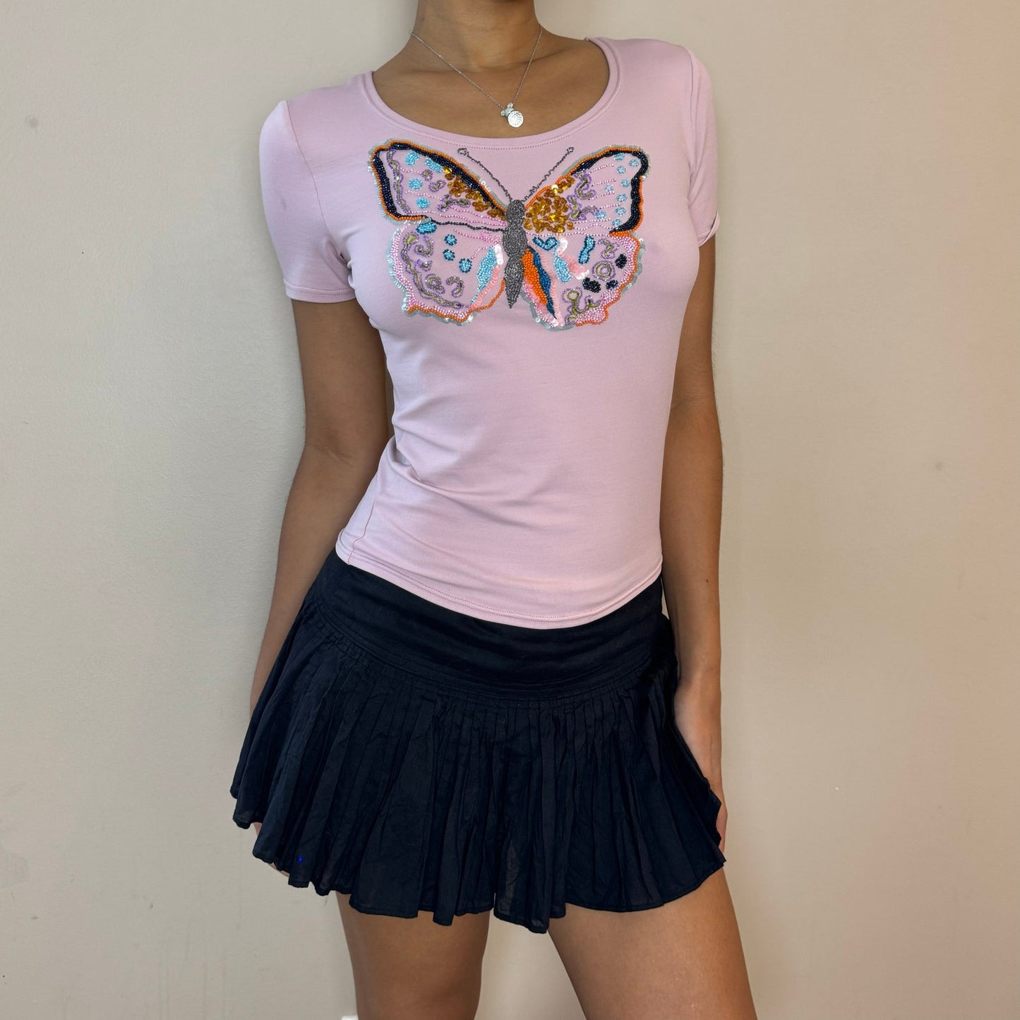 Vintage Pink Baby Tee with Beaded Butterfly (S)