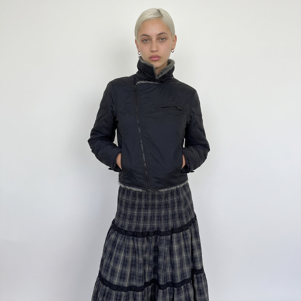 Vintage Black Nylon Fur Collar Jacket