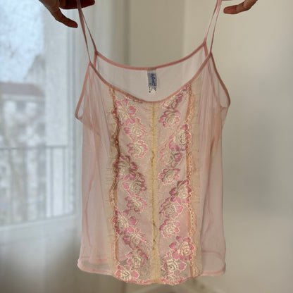 Vintage Blush Sheer Mesh Cami Pink Floral Lace Panel Tank Italy (S) ⠀