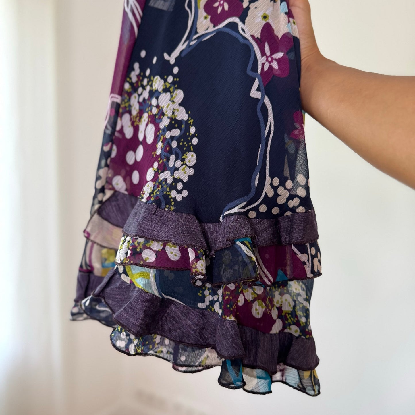 Vintage Navy Purple Blue Floral Ruffle Midi Skirt Italian Y2K (S/M)