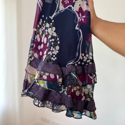 Vintage Navy Purple Blue Floral Ruffle Midi Skirt Italian Y2K (S/M)