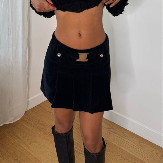 Italian vintage 2000s black corduroy mini skirt with buckle detail & flared hem
