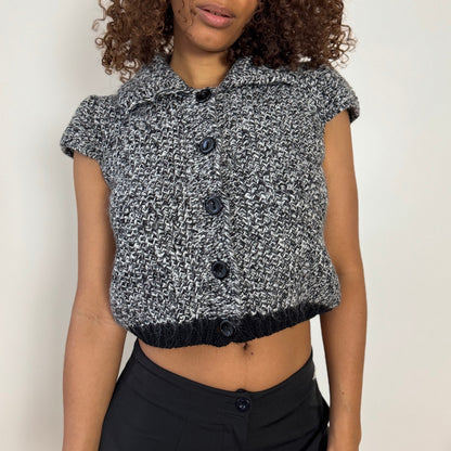 Vintage Italian grey marled knit slouchy short sleeve cardigan with button front (S)