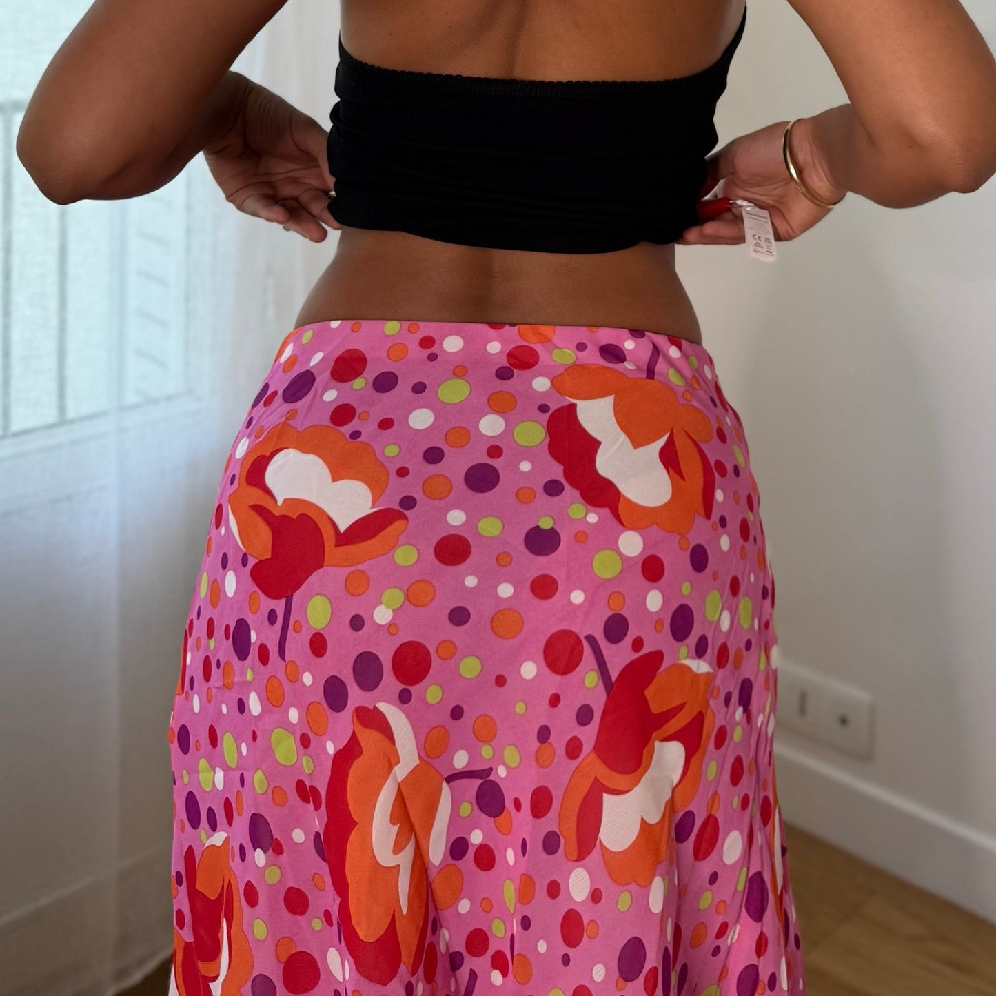 Vintage Pink Abstract Mesh Asymmetrical Midi Skirt Italian Y2K (S)