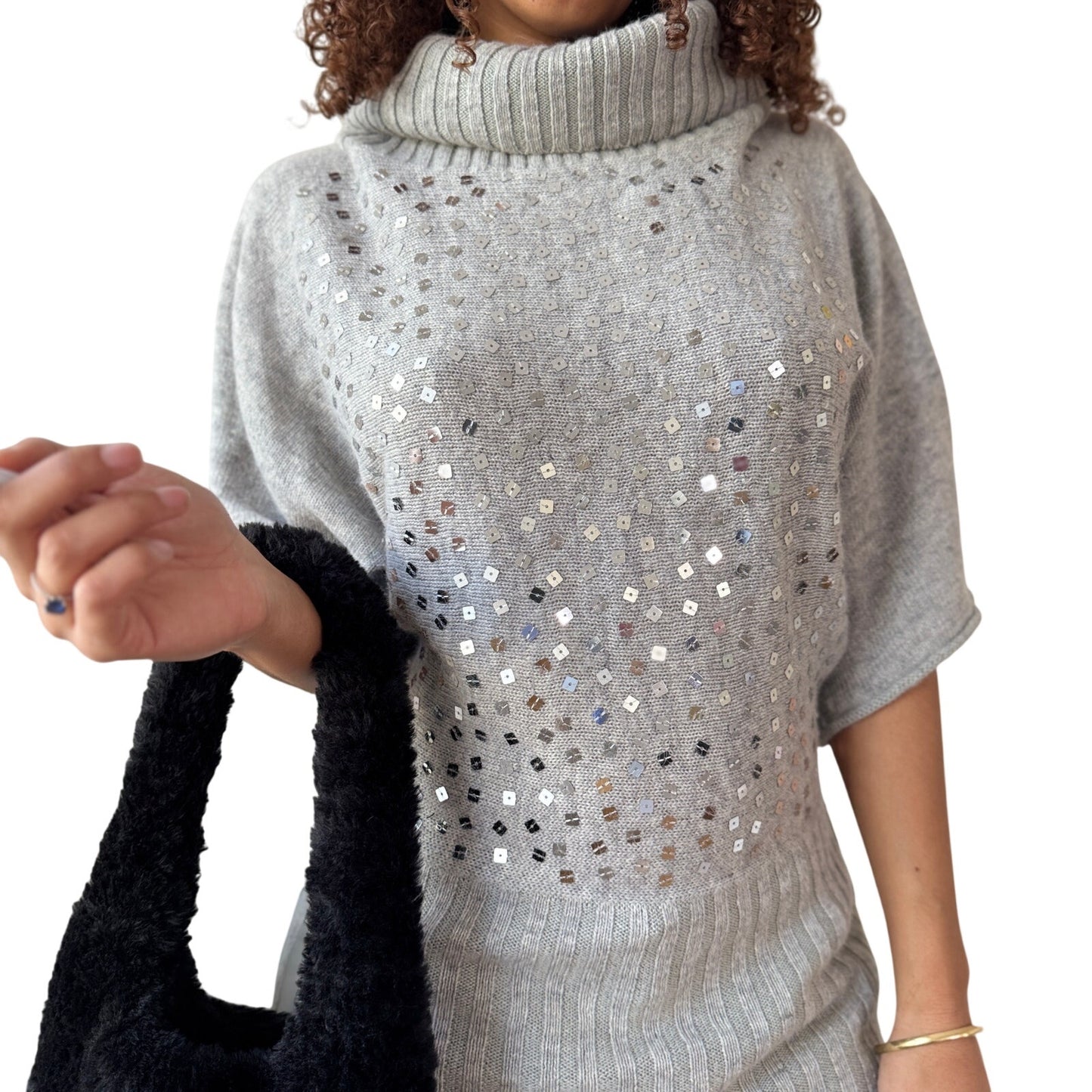 Vintage Italian Grey Sequin Embellished Knit Turtleneck Sweater Wool Angora Blend (S/M)