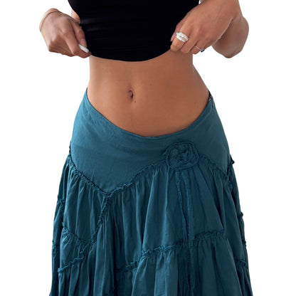 Vintage Teal Tiered Midi Skirt Y2K French Parisian (S)
