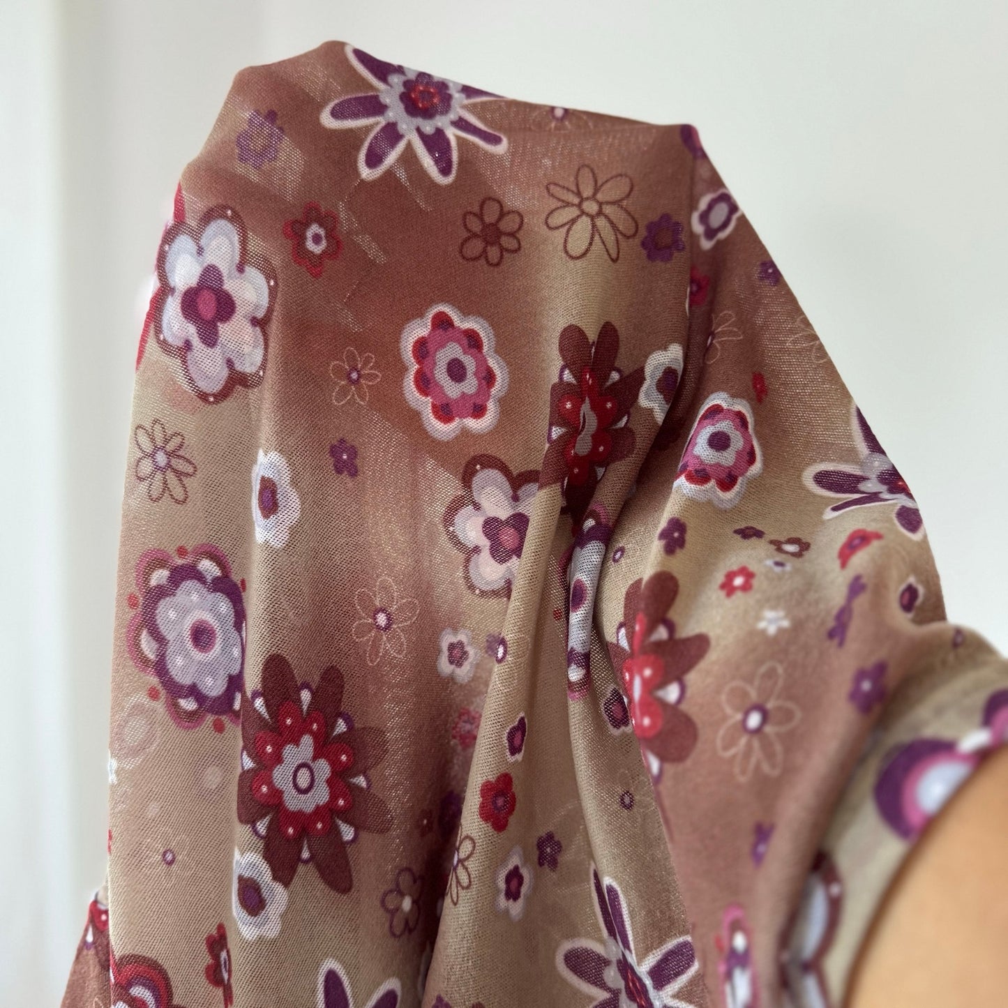 Vintage Taupe Burgundy Pink Floral Mesh Turtleneck Top Euro Y2K (M)