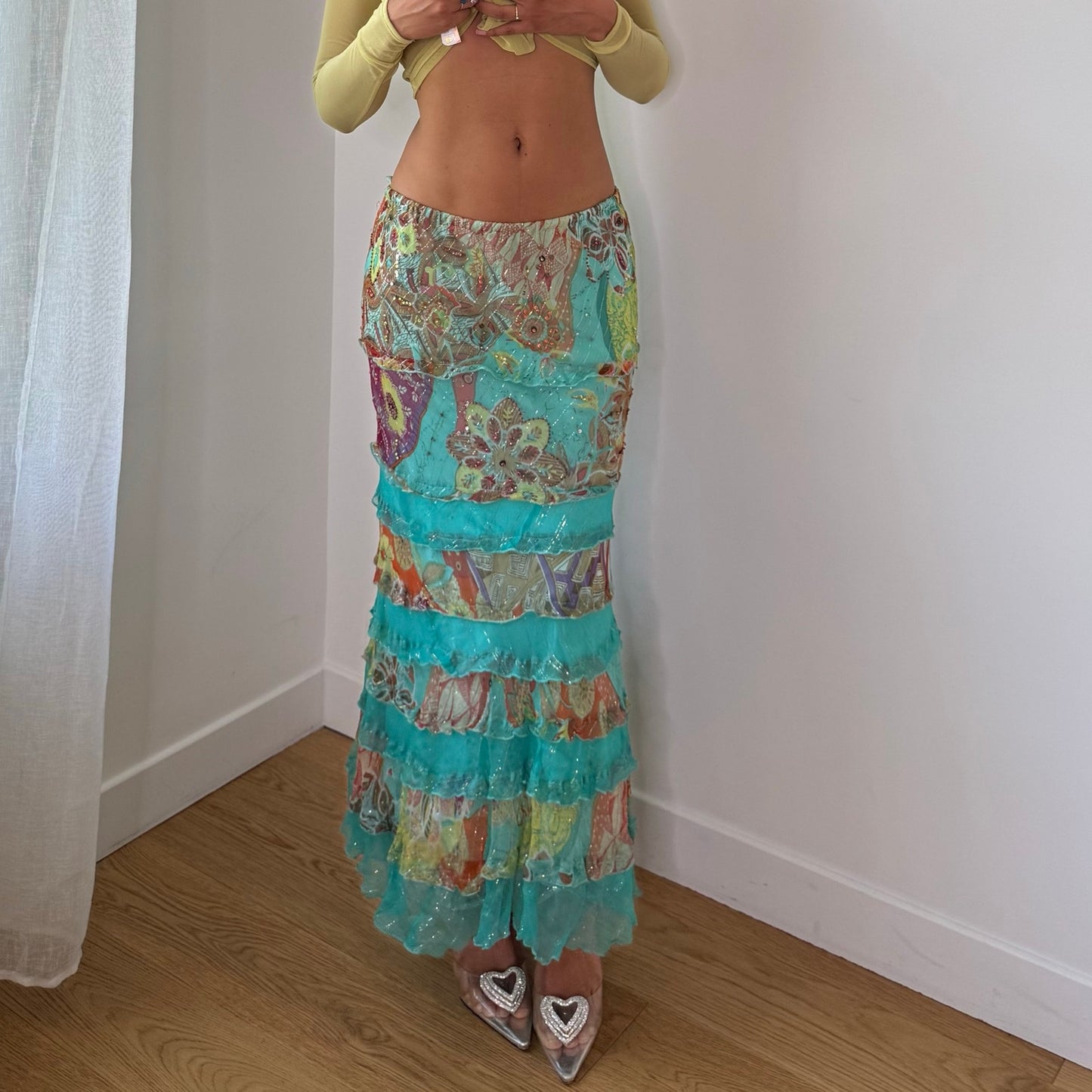 Vintage Turquoise Floral Mesh Tiered Maxi Skirt Dehry Y2K (S/M)