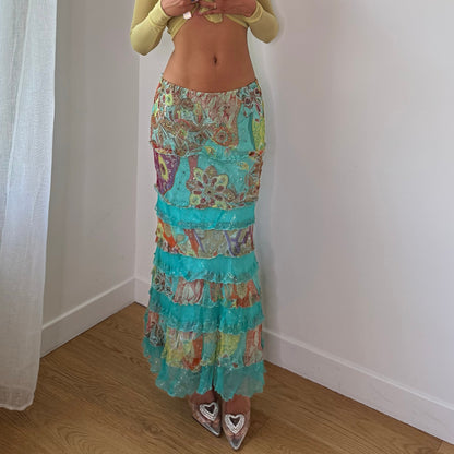 Vintage Turquoise Floral Mesh Tiered Maxi Skirt Dehry Y2K (S/M)