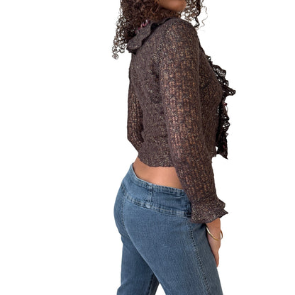 Vintage brown sheer mohair ruffle cardigan with gold metallic threads (XS)