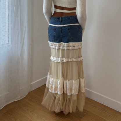 Vintage French denim and lace patchwork low-rise maxi skirt (Small)
