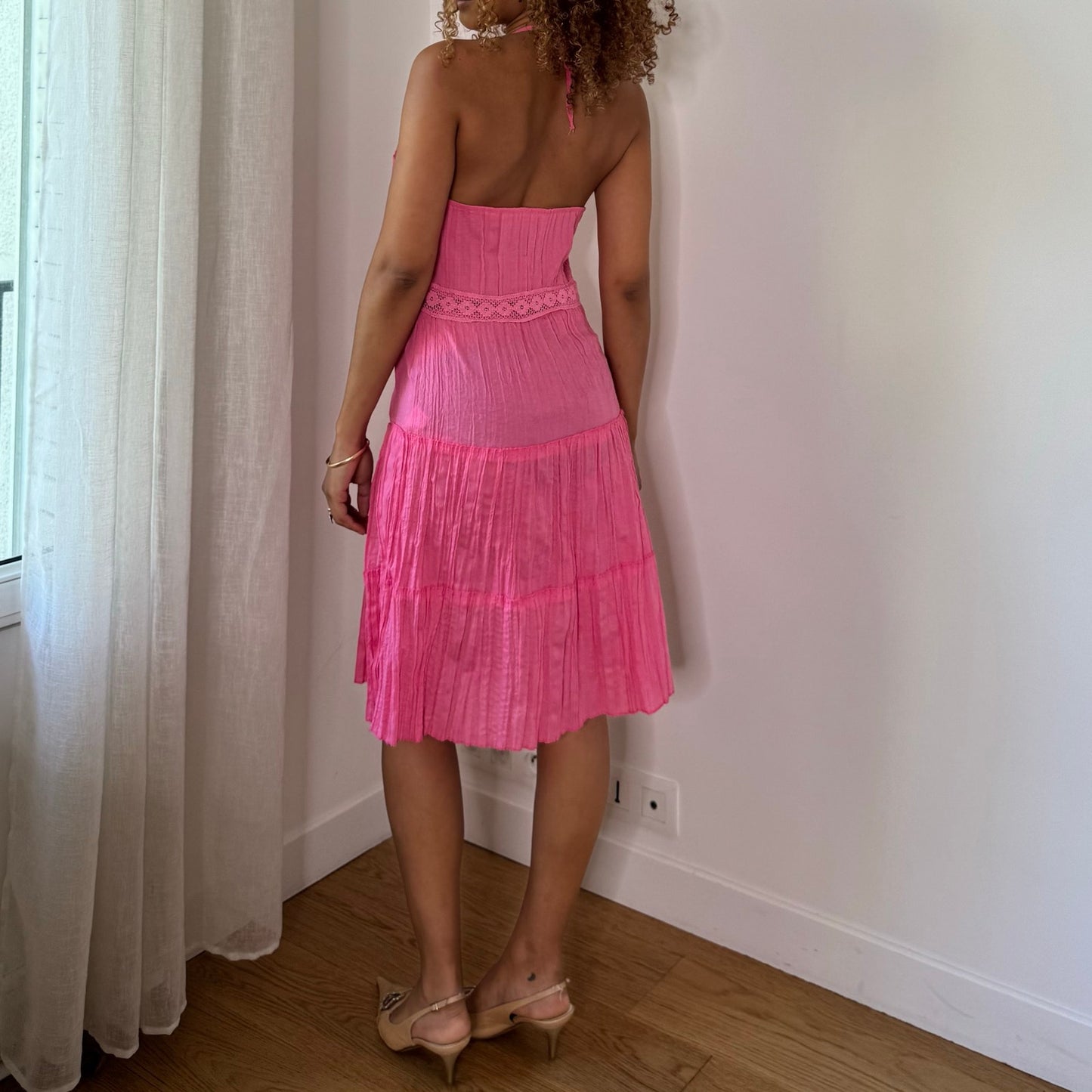 Vintage Hot Pink Lace Halter Midi Dress Y2K Cotton (S/M)