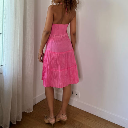 Vintage Hot Pink Lace Halter Midi Dress Y2K Cotton (S/M)