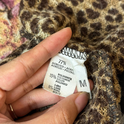 Vintage 90s knit cheetah print maxi cardigan with fur trim (S/M) grunge euro