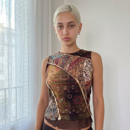 Vintage Brown Green Patchwork Mesh Sequin Top Italian Y2K (S/M)