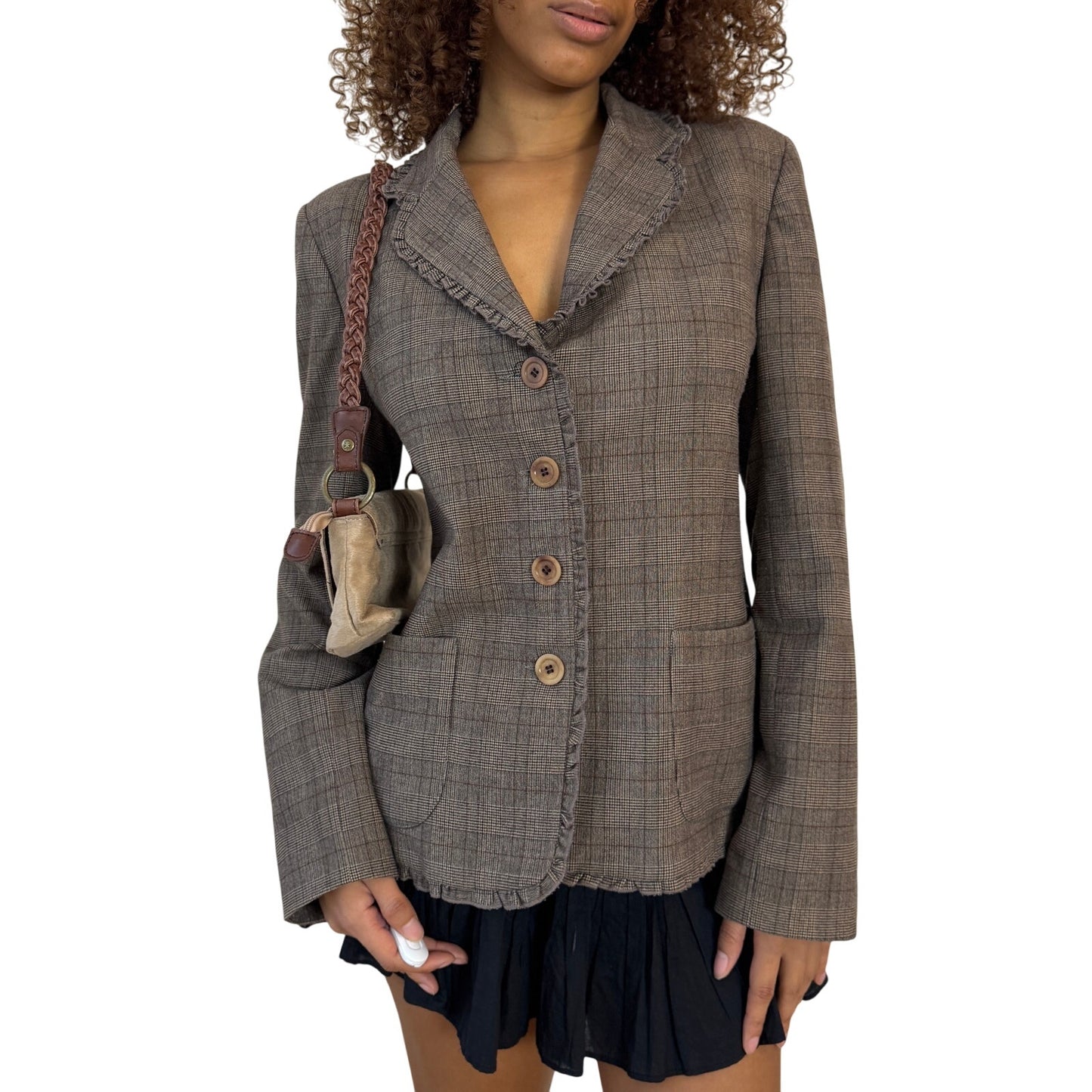 Vintage French Taupe Plaid Button Front Tailored Jacket (S/M)
