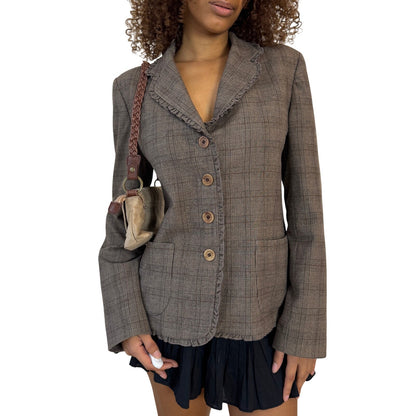 Vintage French Taupe Plaid Button Front Tailored Jacket (S/M)